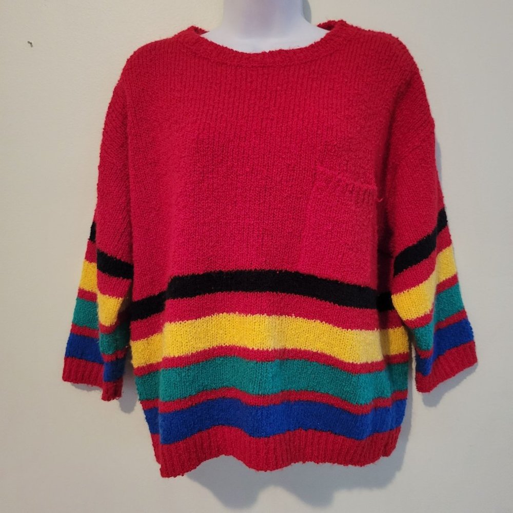 Beldoch Popper M‎ Striped Red Pullover Sweater Primary Colors Pocket